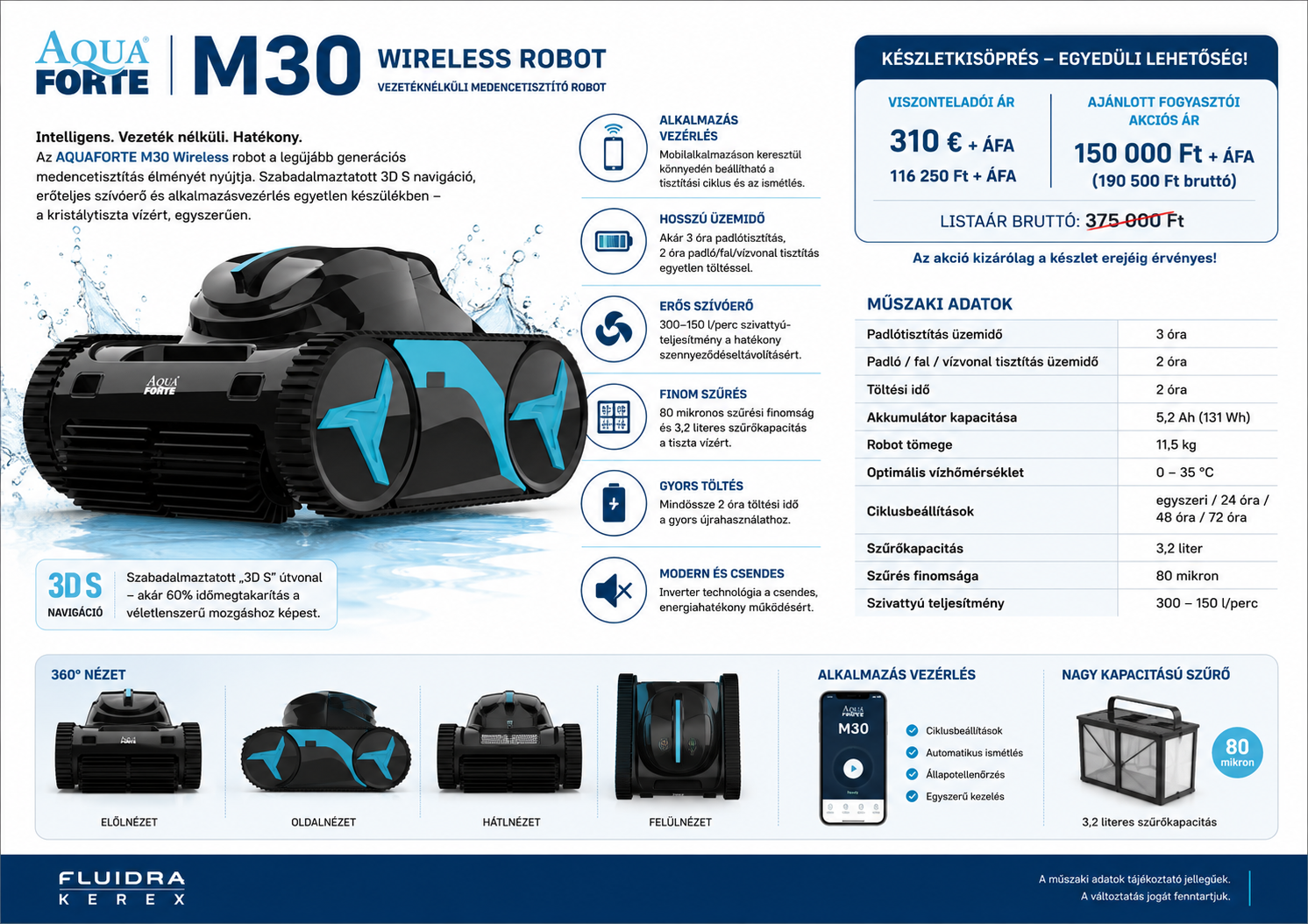 AQUAFORTE M30 vezeték nélküli medencetisztító robot character sheet, akciós árakkal, fő előnyökkel és műszaki adatokkal