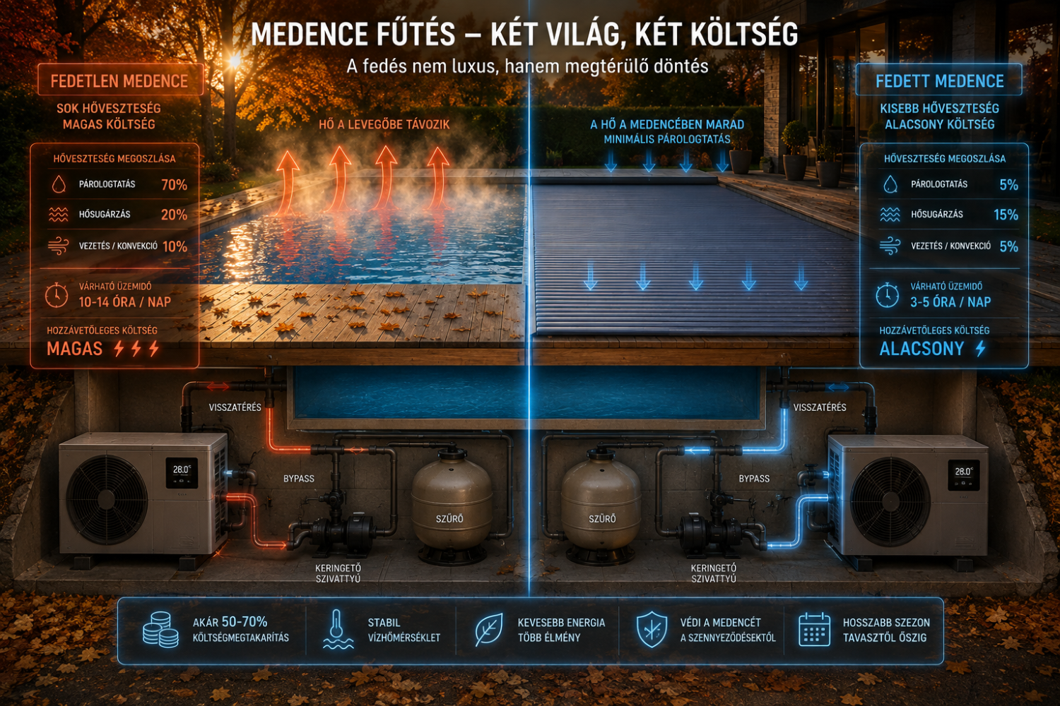 Fedett és fedetlen medence hőveszteségének összehasonlítása