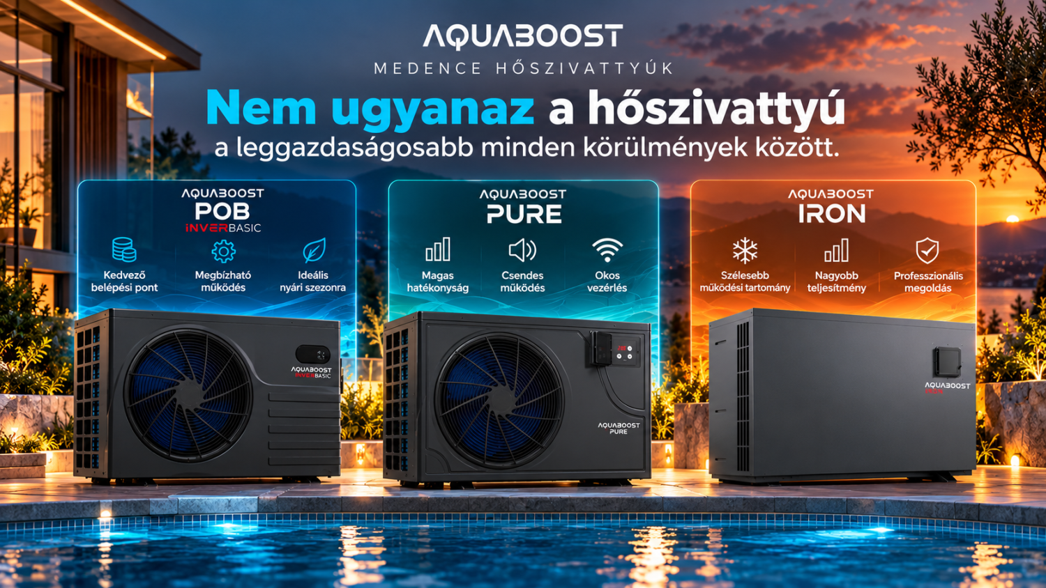 AquaBoost PURE, InverBasic POB és IRON medence-hőszivattyúk összehasonlítása