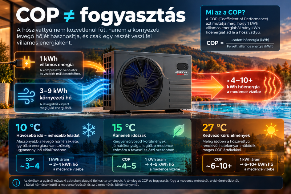 COP és villamosenergia-fogyasztás kapcsolata medence-hőszivattyúnál
