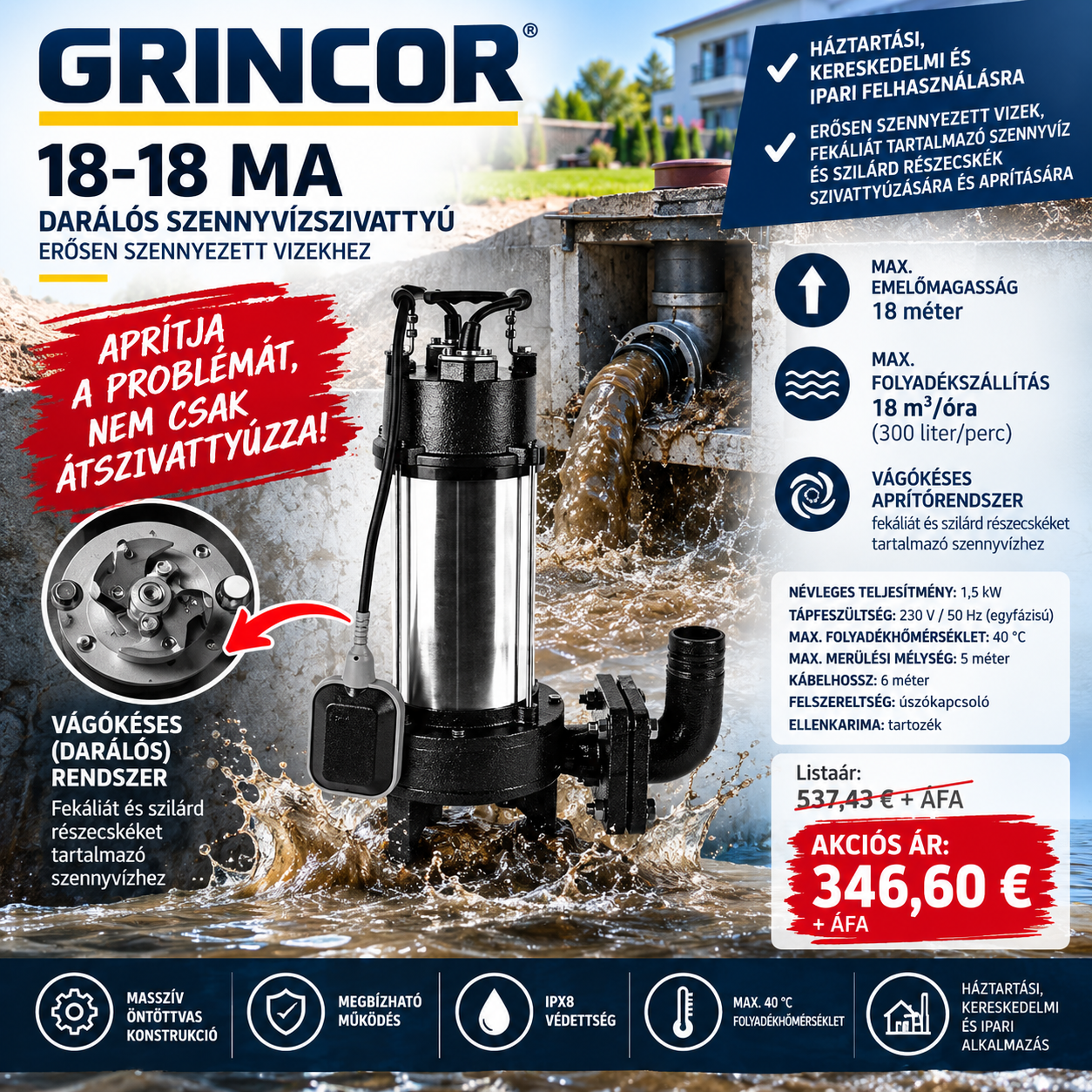 GRINCOR 18-18 MA darálós szennyvízszivattyú