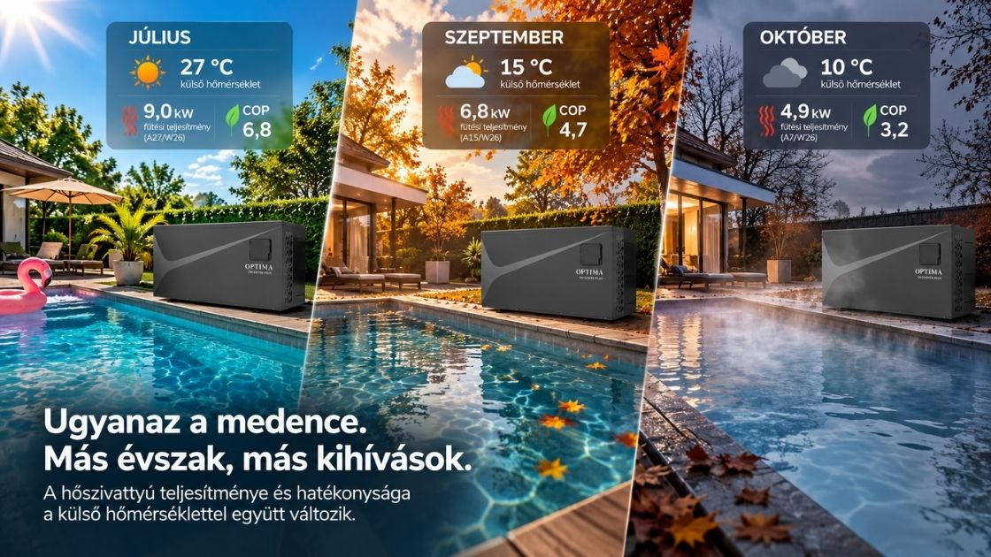 Medence-hőszivattyú működése nyári, tavaszi és őszi külső hőmérsékleten