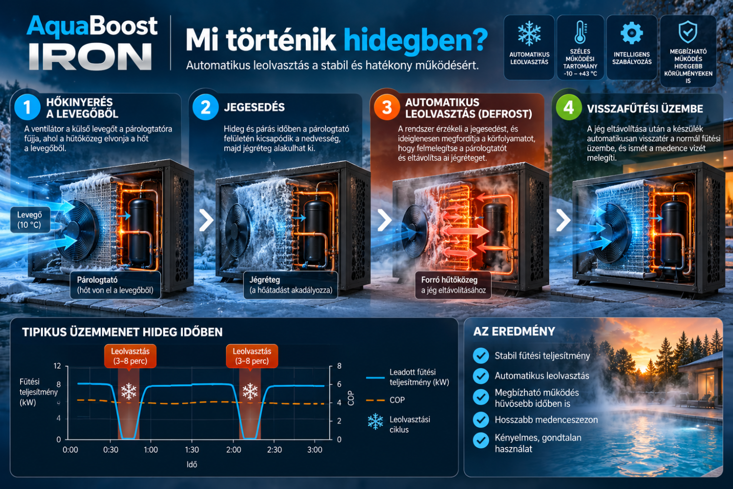 Medence-hőszivattyú jegesedése és automatikus leolvasztási ciklusa