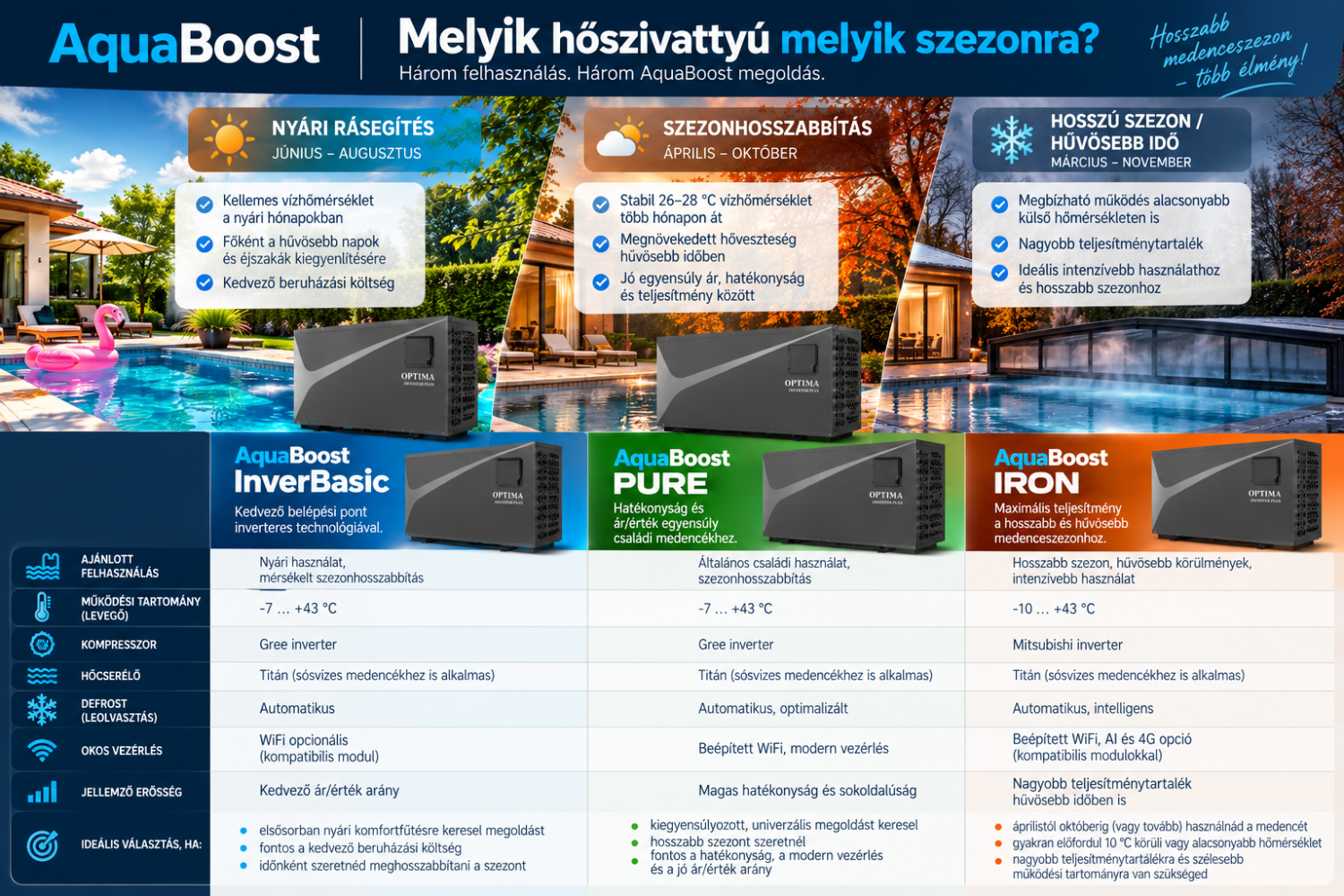 AquaBoost InverBasic PURE és IRON medence-hőszivattyú választási útmutató különböző szezonokra