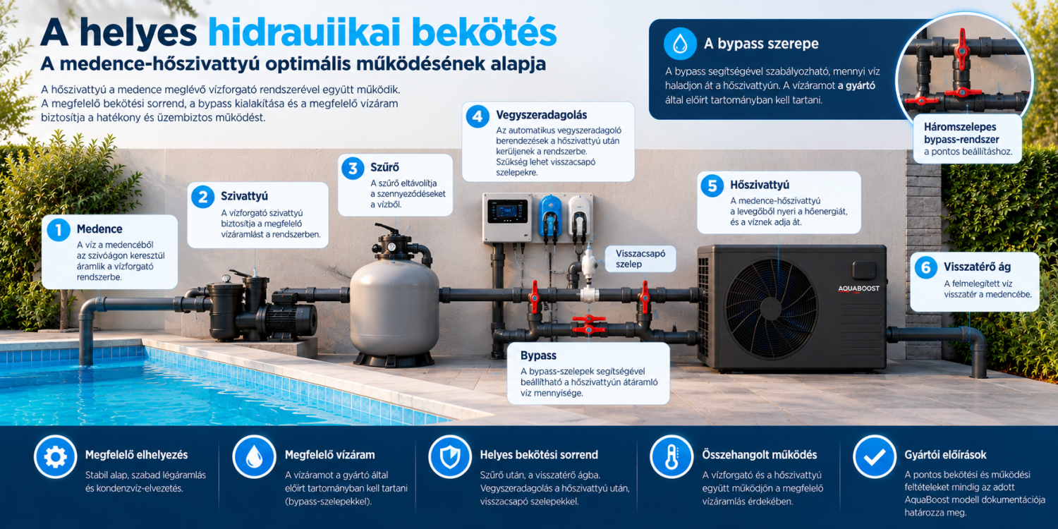 A medence-hőszivattyú hidraulikai bekötésének szemléltető ábrája