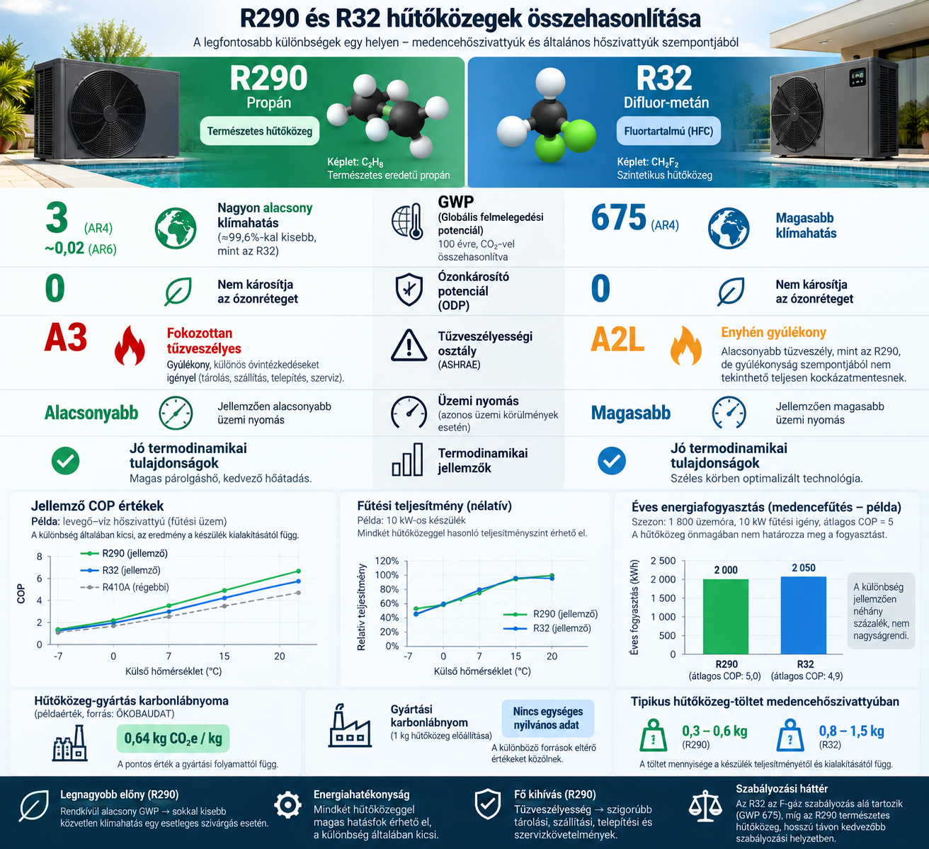 R290 és R32 összehasonlító infografika: GWP, tűzveszélyesség, COP és üzemeltetési jellemzők