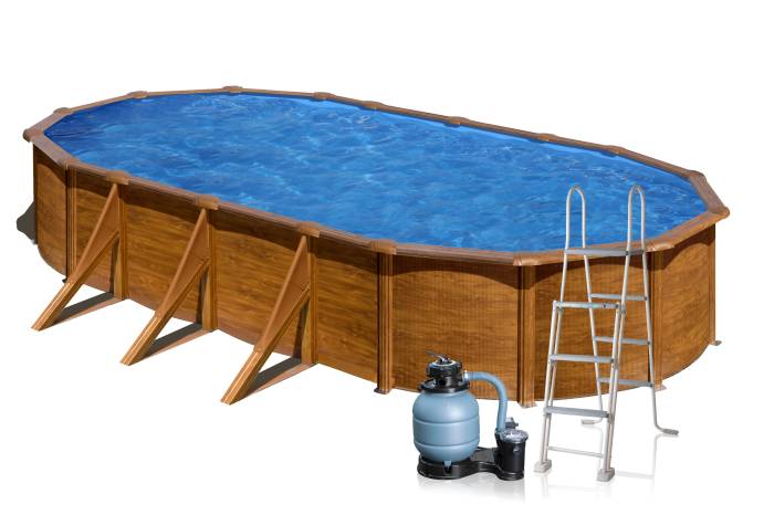 Fluidra - Fa mintázatú fémpalástos medence szett | 730 x 375 x 120 cm külső merevítő lábbal