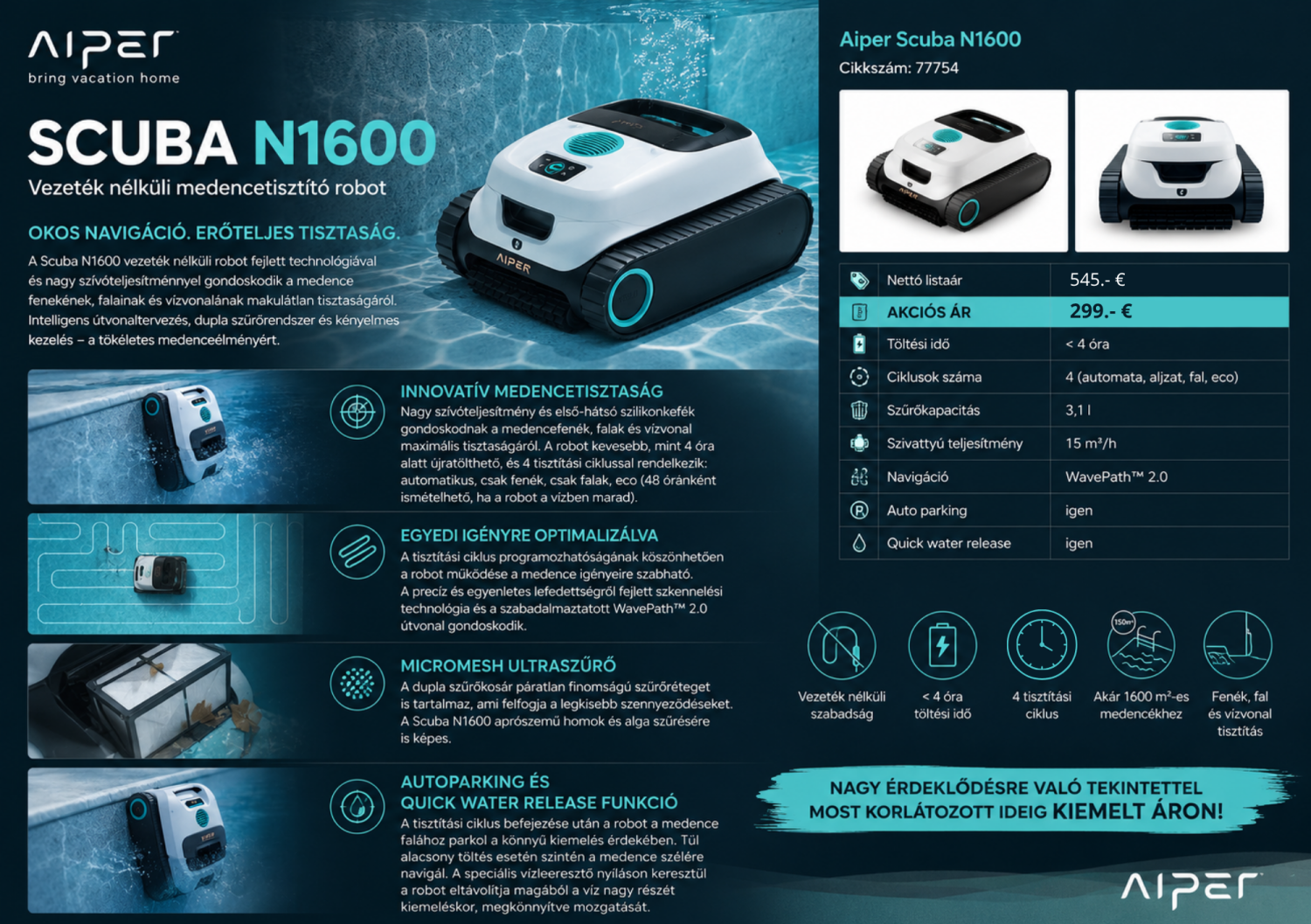 AIPER Scuba N1600 vezeték nélküli medencetisztító robot termékbemutató